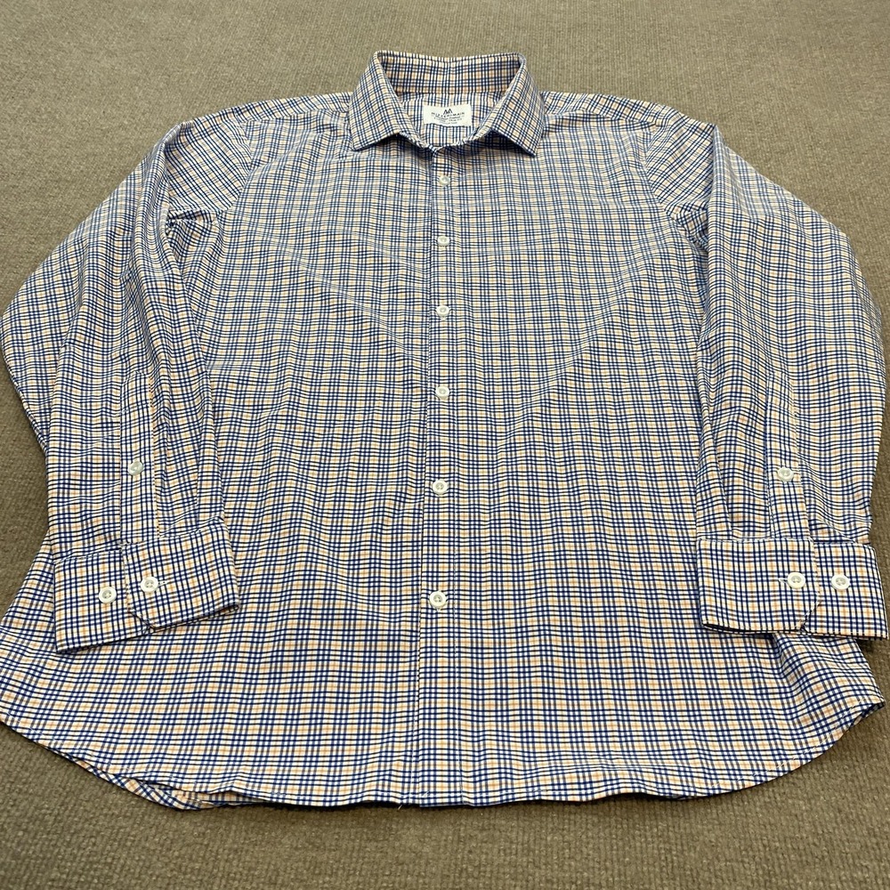 Mizzen+Main‎ Shirt Mens XL Blue Orange Check Trim Fit Dress No Iron Stretch